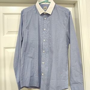 Blue Micro Stripe White Slim Collar Long Sleeve Button Down Dress Shirt